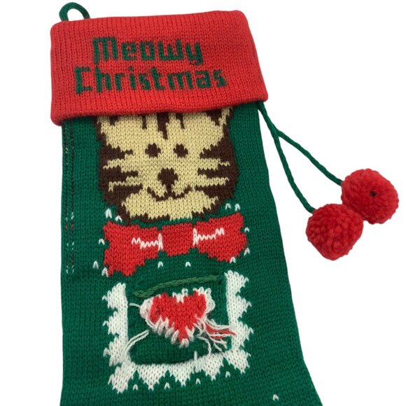 Vtg Christmas Knitted Cat Stocking Pom Poms "Meowy Christmas Text 15” Green Red - Picture 2 of 5